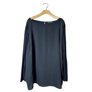 Lauren Ralph Lauren Plus 3X Black Satin Knit Mixed-Media Long Sleeve Top Blouse